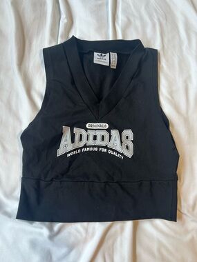 Adidas Black Logo V-Neck Cropped Tank Top Women XS